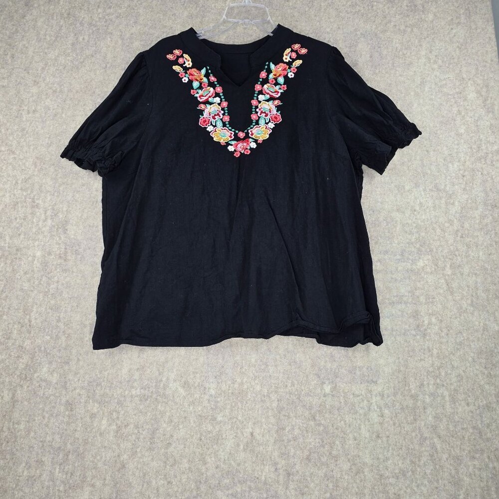 Black Womens 4XL Top Embroidered Boho Style Short Sleeves Cotton Pre-Owned
